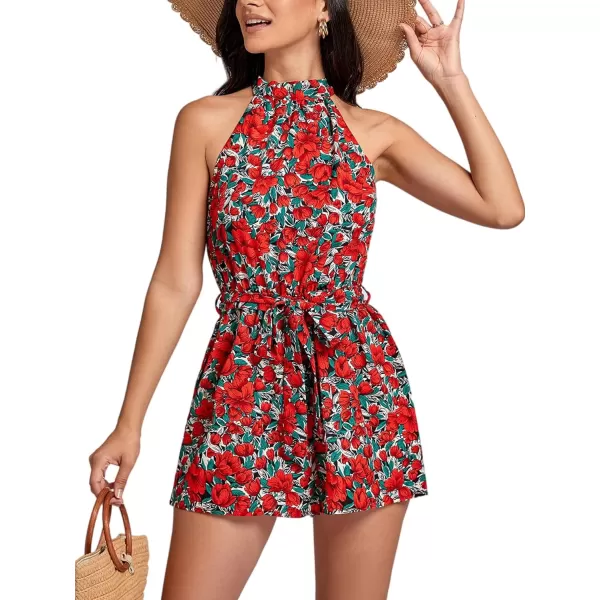 LYANER Women's Floral Print Halter Neck Tie Back Belt Sleeveless Romper Short Jumpsuit