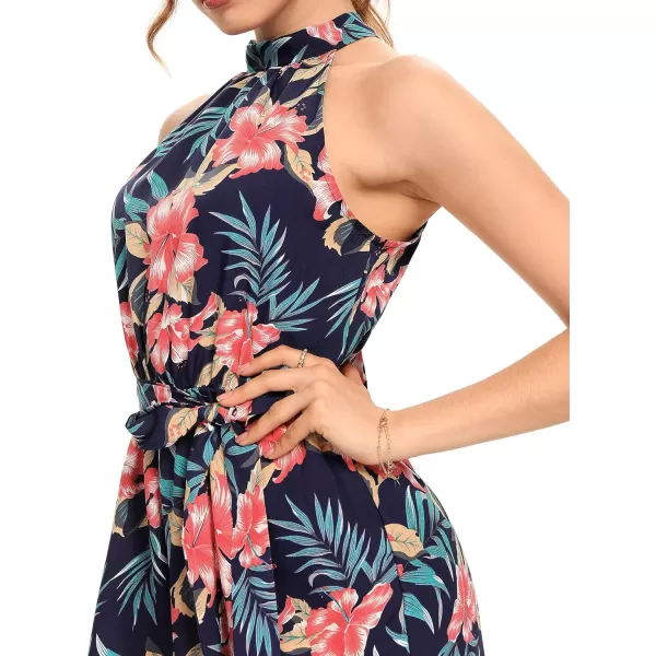 LYANER Women's Floral Print Halter Neck Tie Back Belt Sleeveless Romper Short Jumpsuit