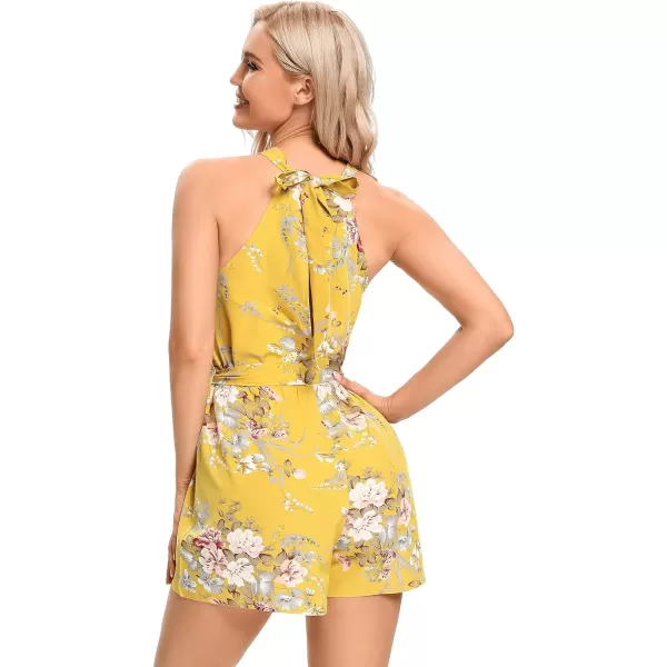 LYANER Women's Floral Print Halter Neck Tie Back Belt Sleeveless Romper Short Jumpsuit