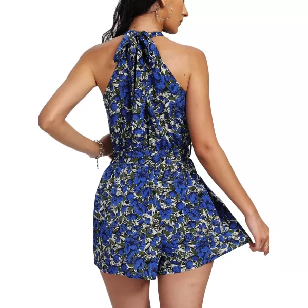LYANER Women's Floral Print Halter Neck Tie Back Belt Sleeveless Romper Short Jumpsuit