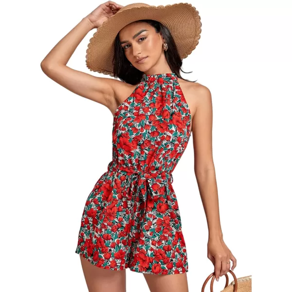 LYANER Women's Floral Print Halter Neck Tie Back Belt Sleeveless Romper Short Jumpsuit