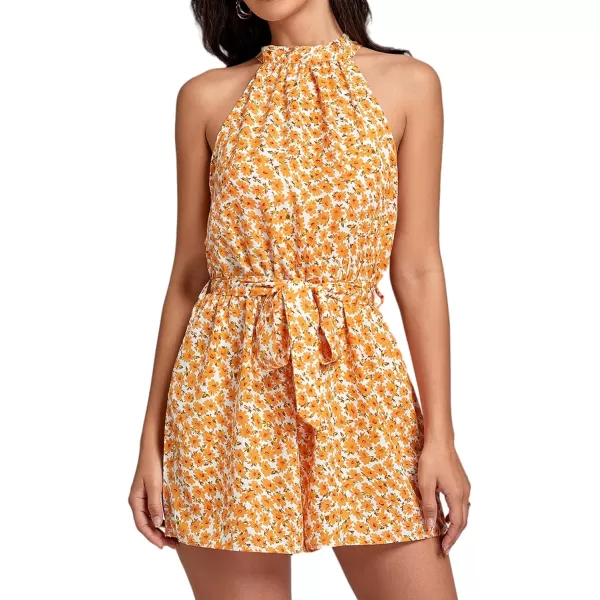 LYANER Women's Floral Print Halter Neck Tie Back Belt Sleeveless Romper Short Jumpsuit