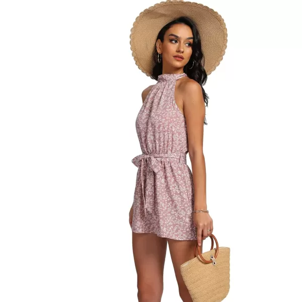LYANER Women's Floral Print Halter Neck Tie Back Belt Sleeveless Romper Short Jumpsuit