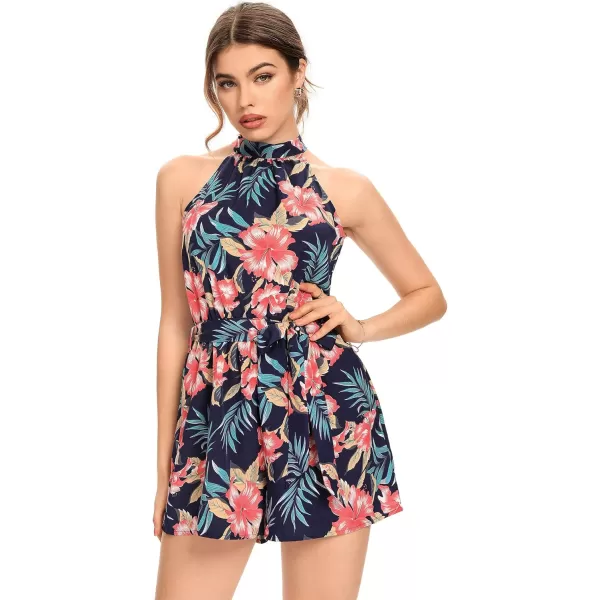 LYANER Women's Floral Print Halter Neck Tie Back Belt Sleeveless Romper Short Jumpsuit