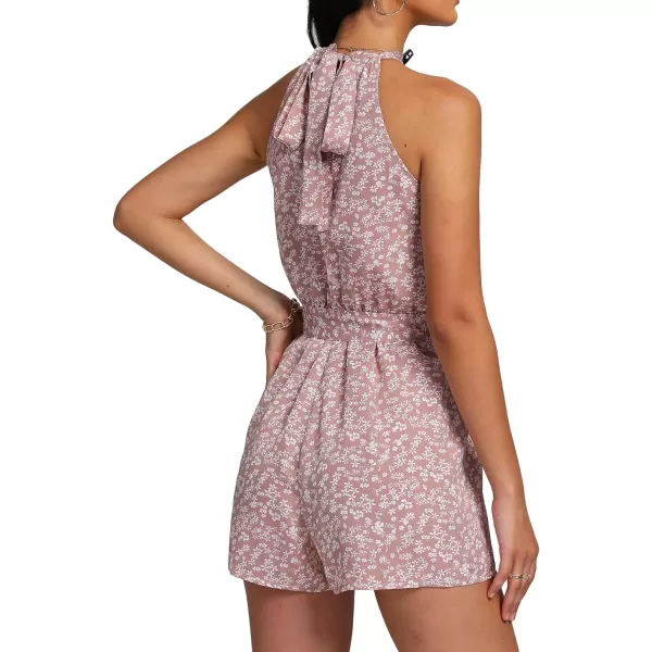 LYANER Women's Floral Print Halter Neck Tie Back Belt Sleeveless Romper Short Jumpsuit