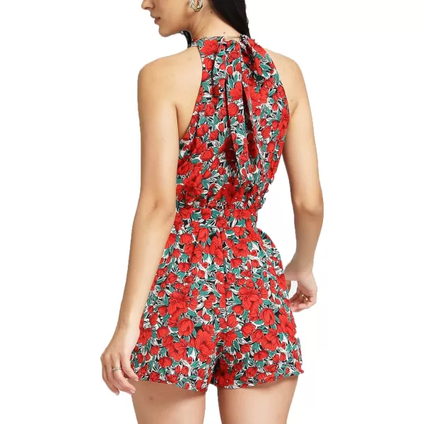 LYANER Women's Floral Print Halter Neck Tie Back Belt Sleeveless Romper Short Jumpsuit