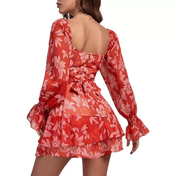 LYANER Women's Floral Print Off Shoulder Long Sleeve Ruffle Hem Romper Short Jumpsuit