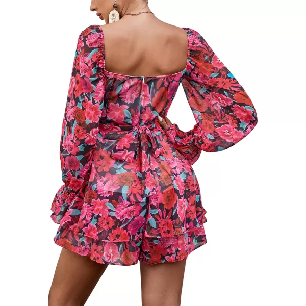 LYANER Women's Floral Print Off Shoulder Long Sleeve Ruffle Hem Romper Short Jumpsuit