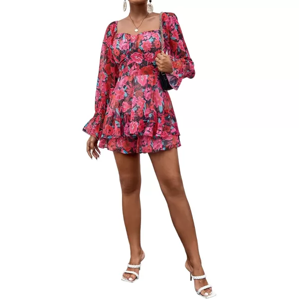 LYANER Women's Floral Print Off Shoulder Long Sleeve Ruffle Hem Romper Short Jumpsuit