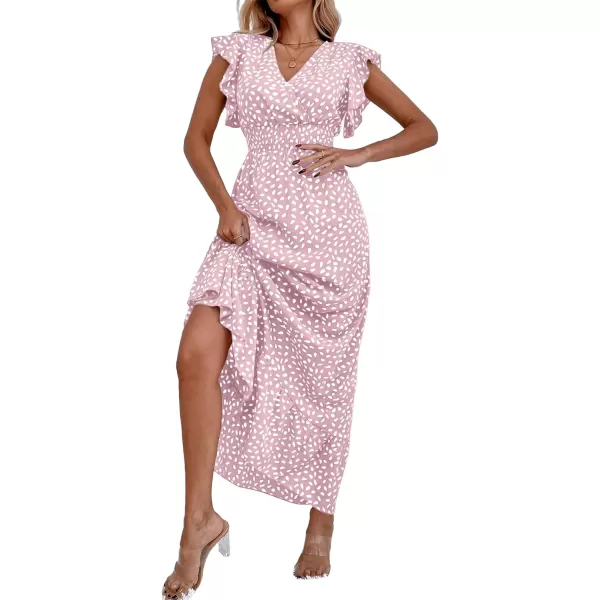 LYANER Women's Floral Print V Neck Ruffle Cap Sleeve Ruffle Hem Flowy Midi Dress