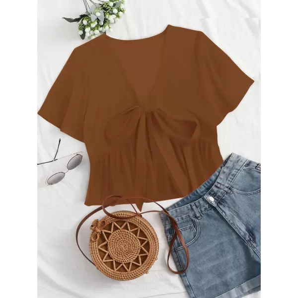 LYANER Women's Floral Print V Neck Tie Knot Ruffle Hem Short Sleeve Blouse Peplum Top