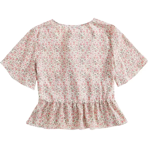 LYANER Women's Floral Print V Neck Tie Knot Ruffle Hem Short Sleeve Blouse Peplum Top