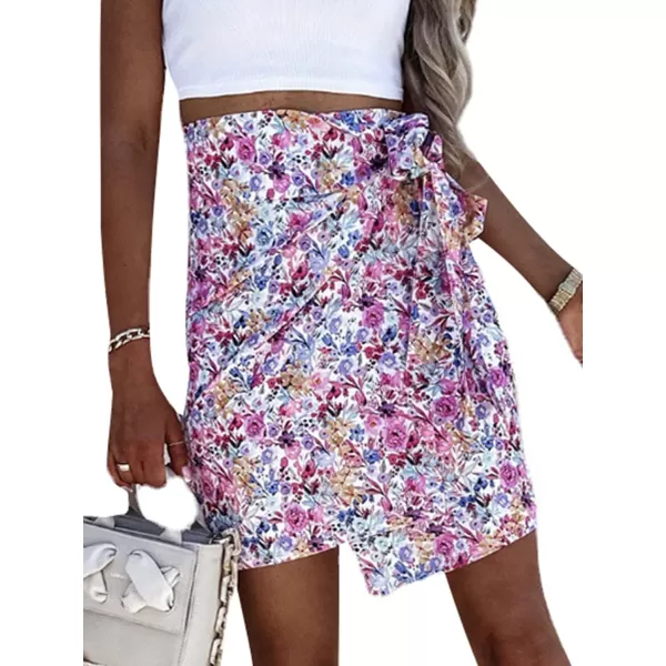 LYANER Women's Floral Print Wrap High Waist Tie Knot Asymmetrical Short Skirt