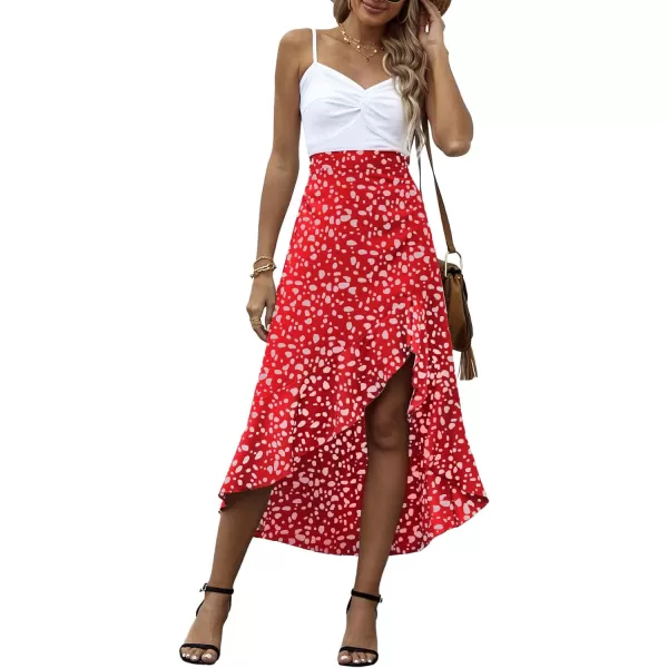 LYANER Women's Floral Printed Split High Low Ruffle Hem Elastic Waist Midi Skirt