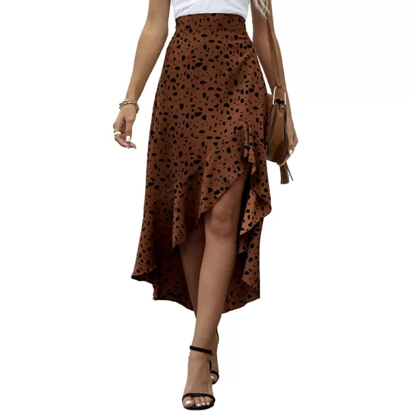 LYANER Women's Floral Printed Split High Low Ruffle Hem Elastic Waist Midi Skirt