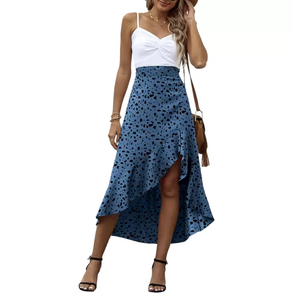 LYANER Women's Floral Printed Split High Low Ruffle Hem Elastic Waist Midi Skirt