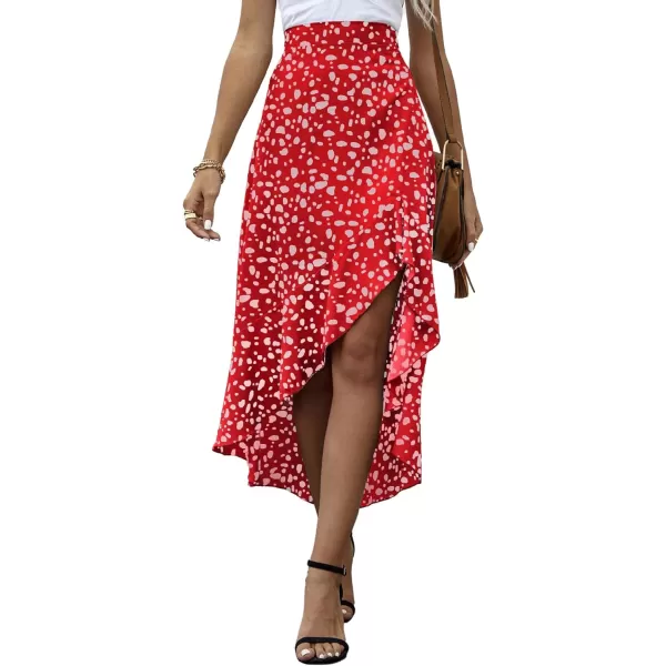 LYANER Women's Floral Printed Split High Low Ruffle Hem Elastic Waist Midi Skirt