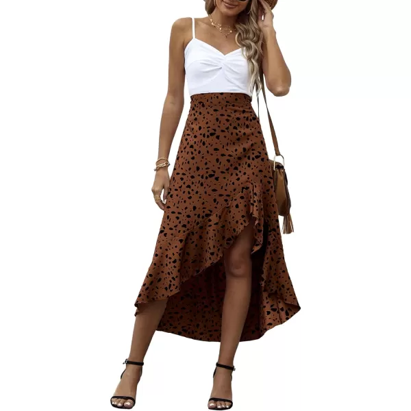 LYANER Women's Floral Printed Split High Low Ruffle Hem Elastic Waist Midi Skirt