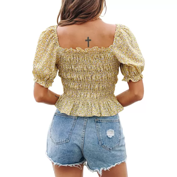 LYANER Women's Floral Ruched Puff Short Sleeve Square Neck Ruffle Trim Chiffon Crop Peplum Top