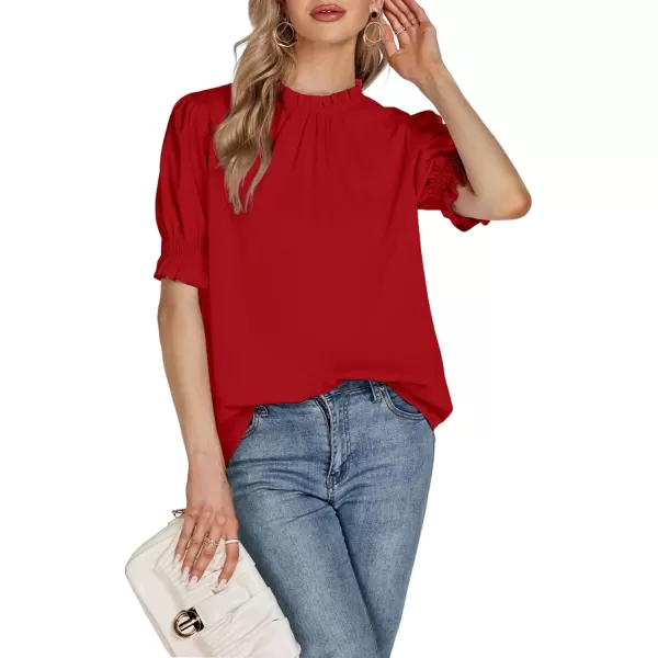 LYANER Women's Frill Mock Neck Pletaed Puff Short Sleeve Chiffon Blouse Shirt Top