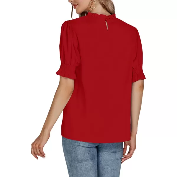 LYANER Women's Frill Mock Neck Pletaed Puff Short Sleeve Chiffon Blouse Shirt Top