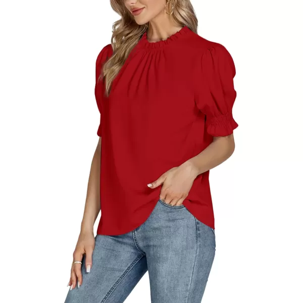 LYANER Women's Frill Mock Neck Pletaed Puff Short Sleeve Chiffon Blouse Shirt Top