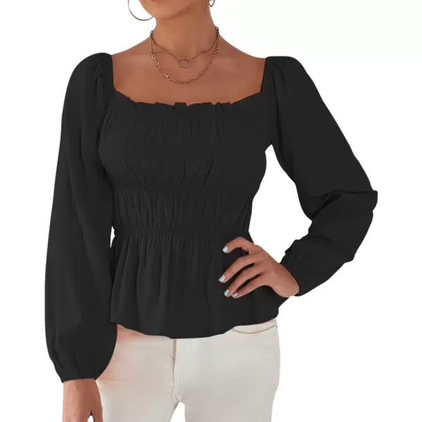 LYANER Women's Frill Smock Retro Square Neck Long Sleeve Shirred Blouse Tops
