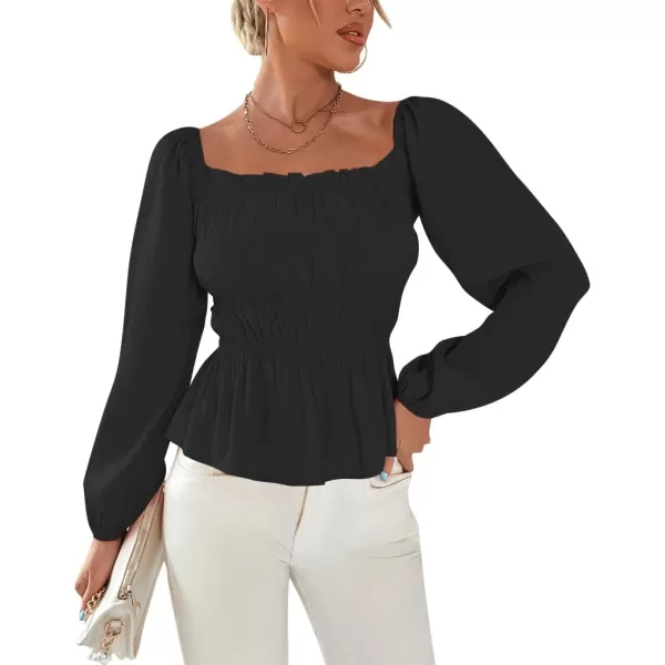 LYANER Women's Frill Smock Retro Square Neck Long Sleeve Shirred Blouse Tops