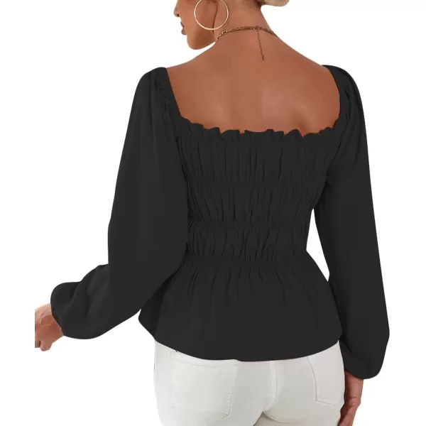 LYANER Women's Frill Smock Retro Square Neck Long Sleeve Shirred Blouse Tops