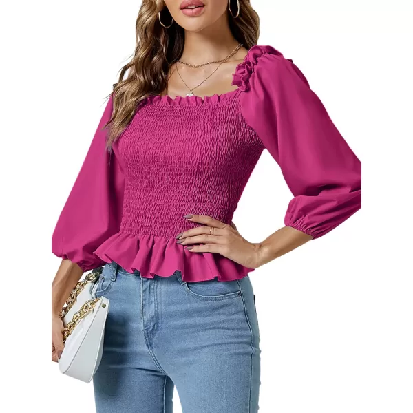 LYANER Women's Frill Square Neck Ruffle Trim Shirred 3/4 Puff Long Sleeve Pleated Blouse Crop Top