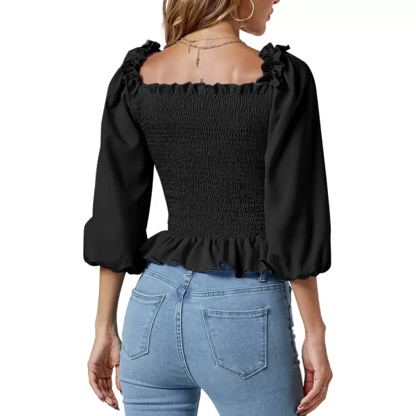 LYANER Women's Frill Square Neck Ruffle Trim Shirred 3/4 Puff Long Sleeve Pleated Blouse Crop Top