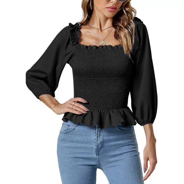 LYANER Women's Frill Square Neck Ruffle Trim Shirred 3/4 Puff Long Sleeve Pleated Blouse Crop Top