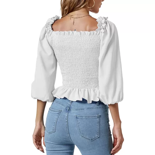 LYANER Women's Frill Square Neck Ruffle Trim Shirred 3/4 Puff Long Sleeve Pleated Blouse Crop Top