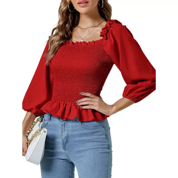 LYANER Women's Frill Square Neck Ruffle Trim Shirred 3/4 Puff Long Sleeve Pleated Blouse Crop Top