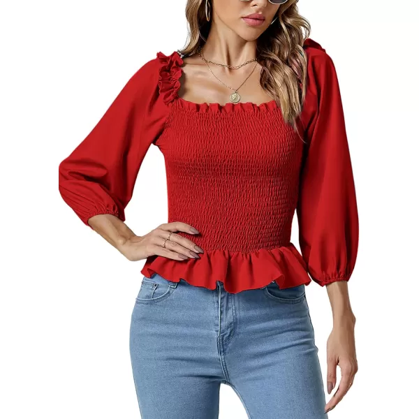 LYANER Women's Frill Square Neck Ruffle Trim Shirred 3/4 Puff Long Sleeve Pleated Blouse Crop Top