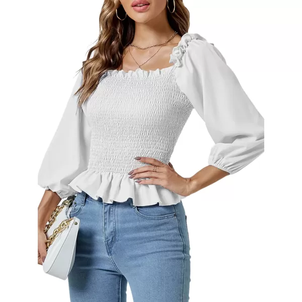 LYANER Women's Frill Square Neck Ruffle Trim Shirred 3/4 Puff Long Sleeve Pleated Blouse Crop Top