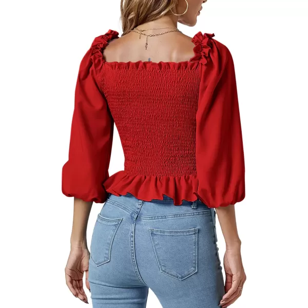 LYANER Women's Frill Square Neck Ruffle Trim Shirred 3/4 Puff Long Sleeve Pleated Blouse Crop Top