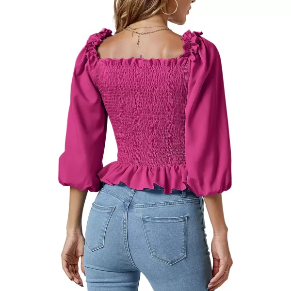 LYANER Women's Frill Square Neck Ruffle Trim Shirred 3/4 Puff Long Sleeve Pleated Blouse Crop Top