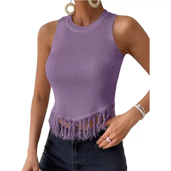 LYANER Women's Fringe Tassel Trim Crew Neck Knit Sleeveless Crop Tank Top
