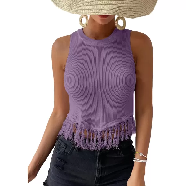 LYANER Women's Fringe Tassel Trim Crew Neck Knit Sleeveless Crop Tank Top