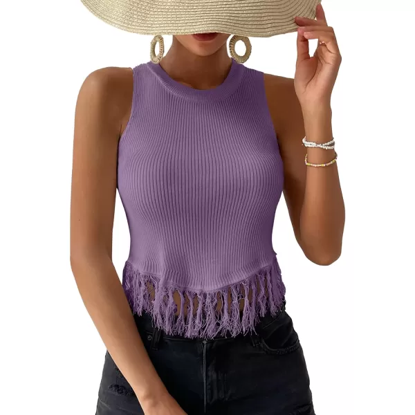 LYANER Women's Fringe Tassel Trim Crew Neck Knit Sleeveless Crop Tank Top