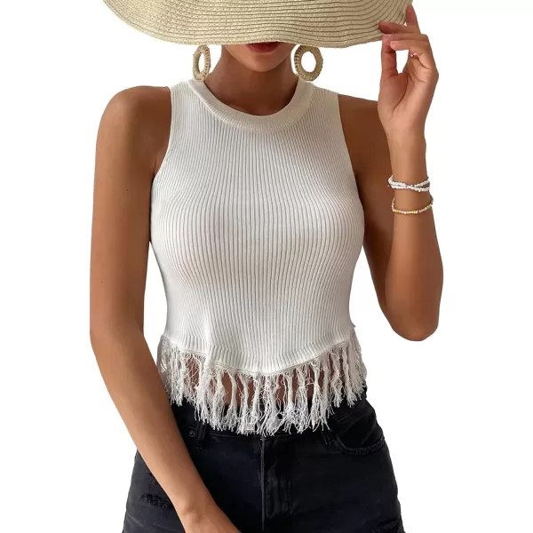 LYANER Women's Fringe Tassel Trim Crew Neck Knit Sleeveless Crop Tank Top