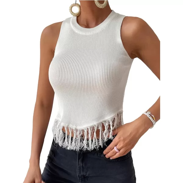 LYANER Women's Fringe Tassel Trim Crew Neck Knit Sleeveless Crop Tank Top