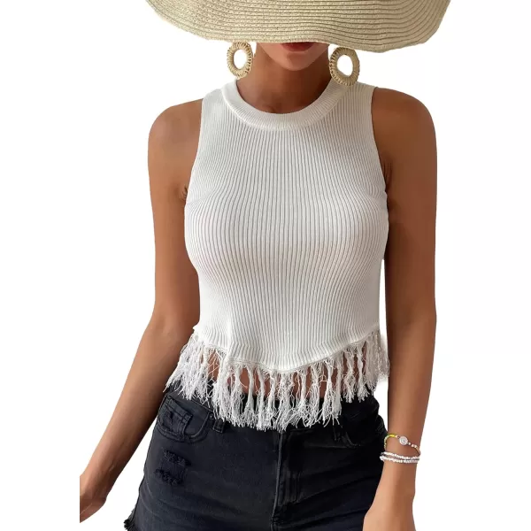 LYANER Women's Fringe Tassel Trim Crew Neck Knit Sleeveless Crop Tank Top