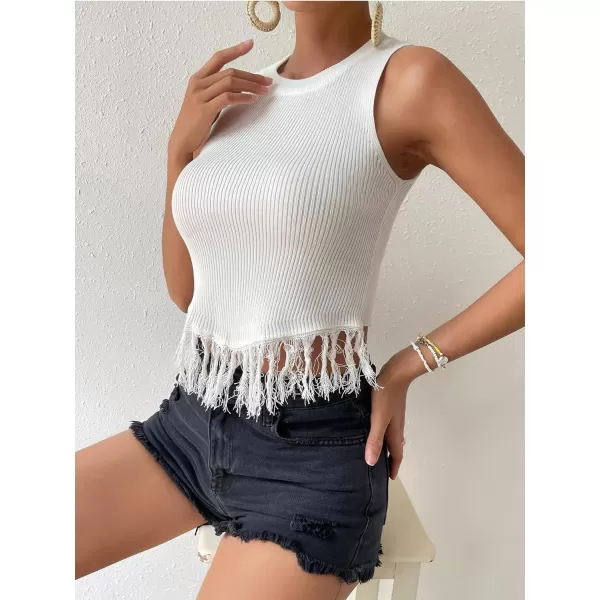 LYANER Women's Fringe Tassel Trim Crew Neck Knit Sleeveless Crop Tank Top