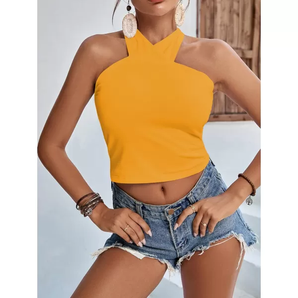 LYANER Women's Halter Criss Coss Backless Self Tie Back Sleeveless Blouse Shirt Cami Top