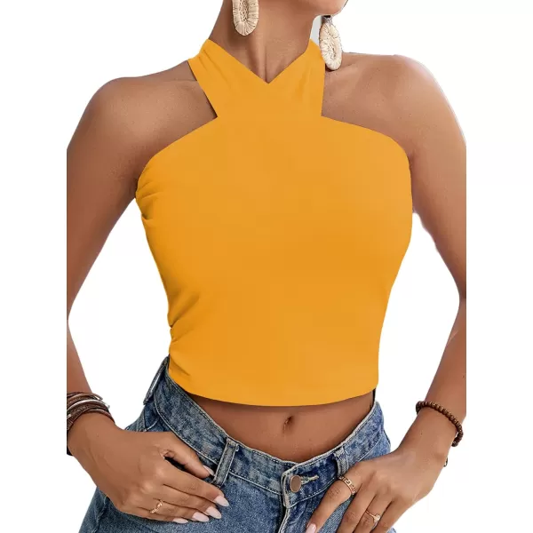 LYANER Women's Halter Criss Coss Backless Self Tie Back Sleeveless Blouse Shirt Cami Top