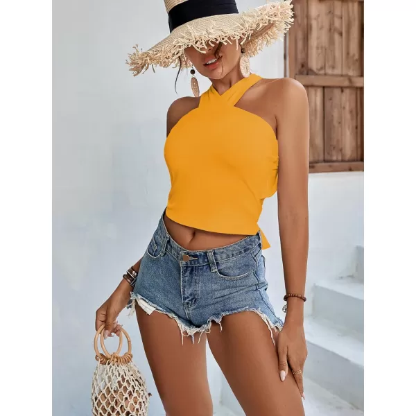 LYANER Women's Halter Criss Coss Backless Self Tie Back Sleeveless Blouse Shirt Cami Top