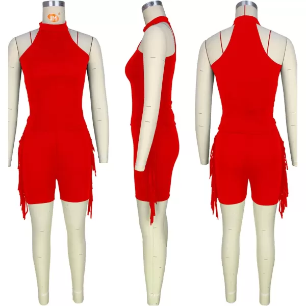 LYANER Women's Halter Fridge Tassel Sides Sleeveless Bodycon Club Short Jumpsuit Rompers