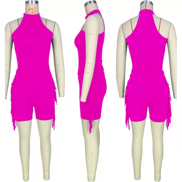 LYANER Women's Halter Fridge Tassel Sides Sleeveless Bodycon Club Short Jumpsuit Rompers